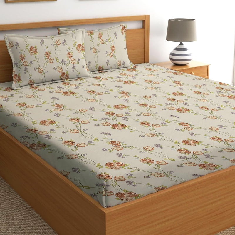 STARNSTYLE 100% Cotton Super Soft 240 Thread Count Elastic Fitted King Size Bedsheet with 2 Pillow Covers - Floral Design - Image 2